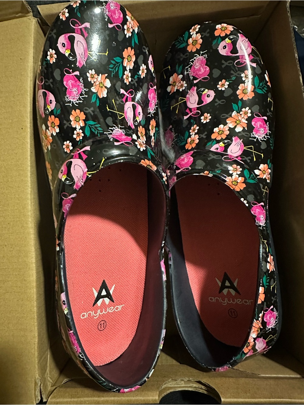Women's Floral Flamingo Slip-On Clog - Black/Pink size 11